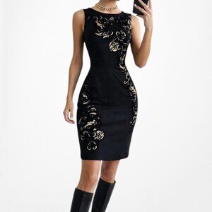 Vintage Y2K Black Knit Gold Embellished Knee Length Bodycon Dress Size M